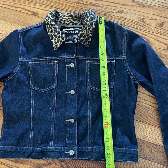 🎉HP!!🎉 Squeeze Stephen Hardy Y2K Faux Leopard Trim Jean Denim Jacket Women’s L - Picture 7 of 9